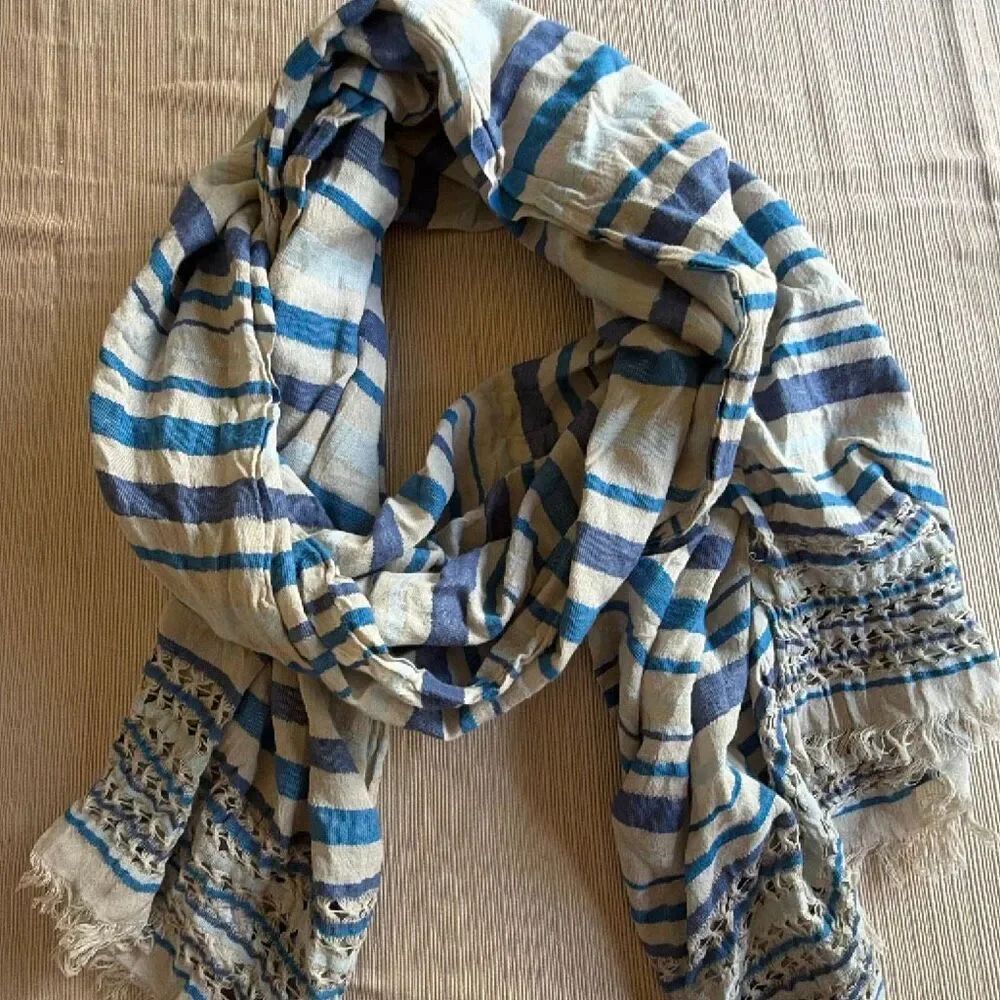 Eileen Fischer Scarf Wrap Blue Stripped organic cotton